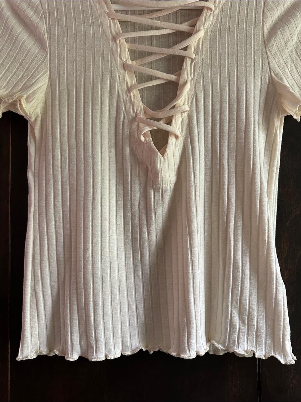 Project Social T Lace-Up Ribbed Short Sleeve Top - Ivory - Picture 6 of 7